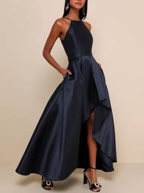Lulu's Navy Satin Halter High-Low Evening Gown